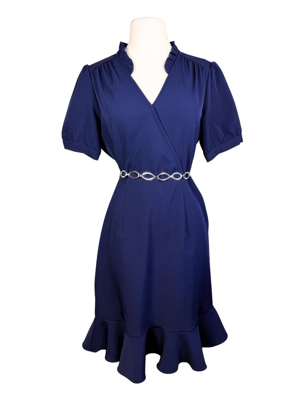 Nanette Lepore Navy Ruffle Neck Wrap Dress Puff Sleeve Midi Size 8